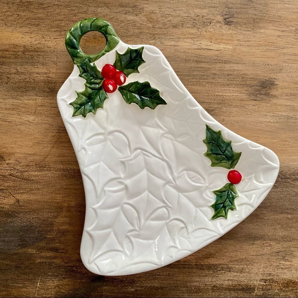 Vintage Lefton Ceramic Christmas Bell White Serving Platter Plate Holiday